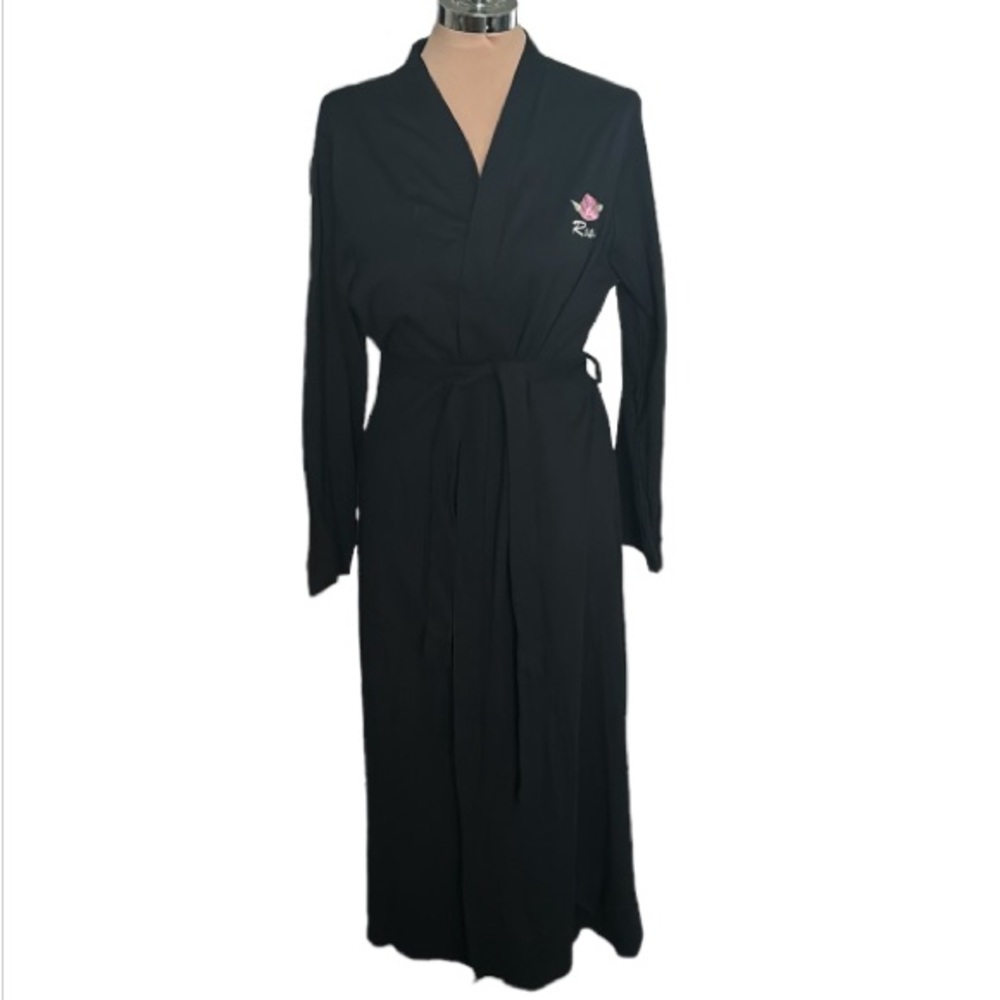 Lodzia Rotex Black Belted Robe Maxi Sz.L 100% cotton Rose Embroidered